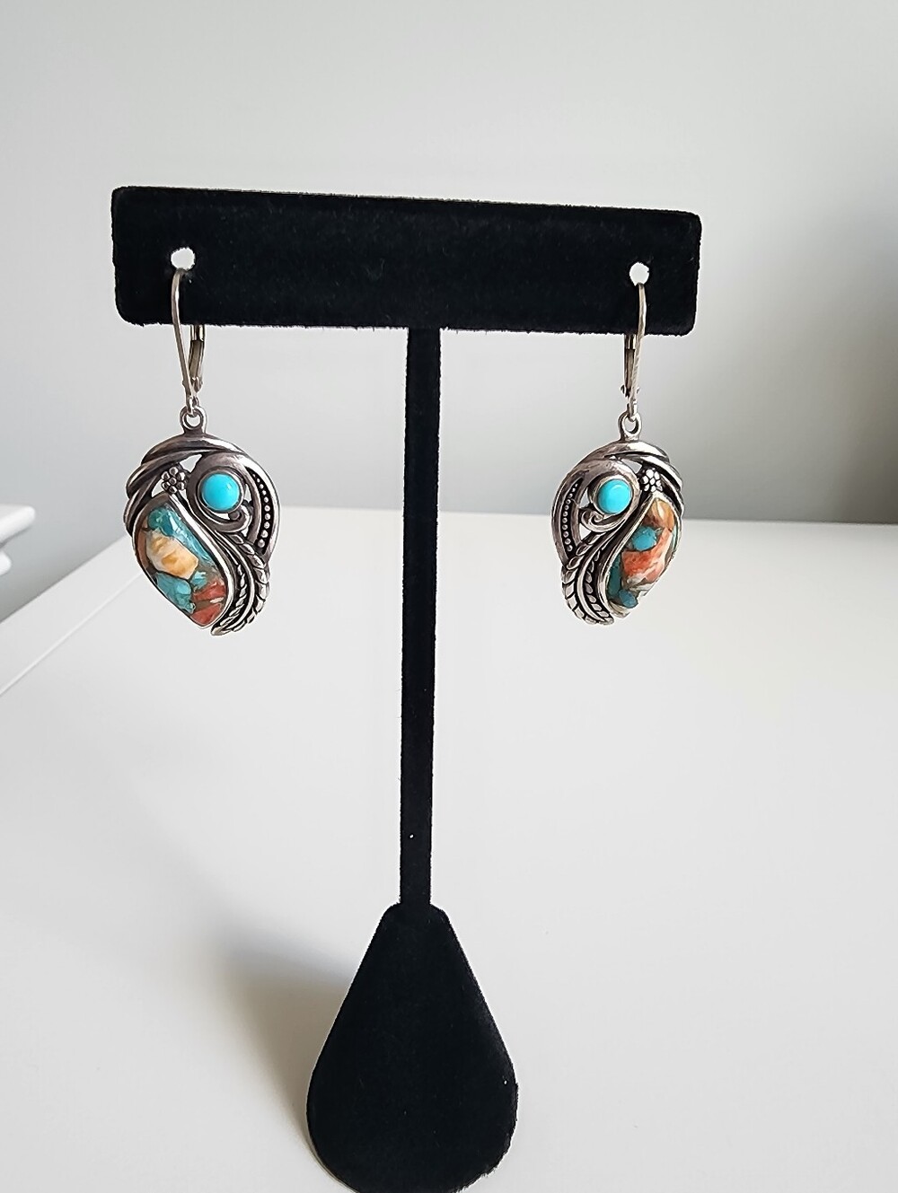 Vintage BBJ Sterling Silver 925 Spiny Oyster Turquoise Feather Drop Earrings